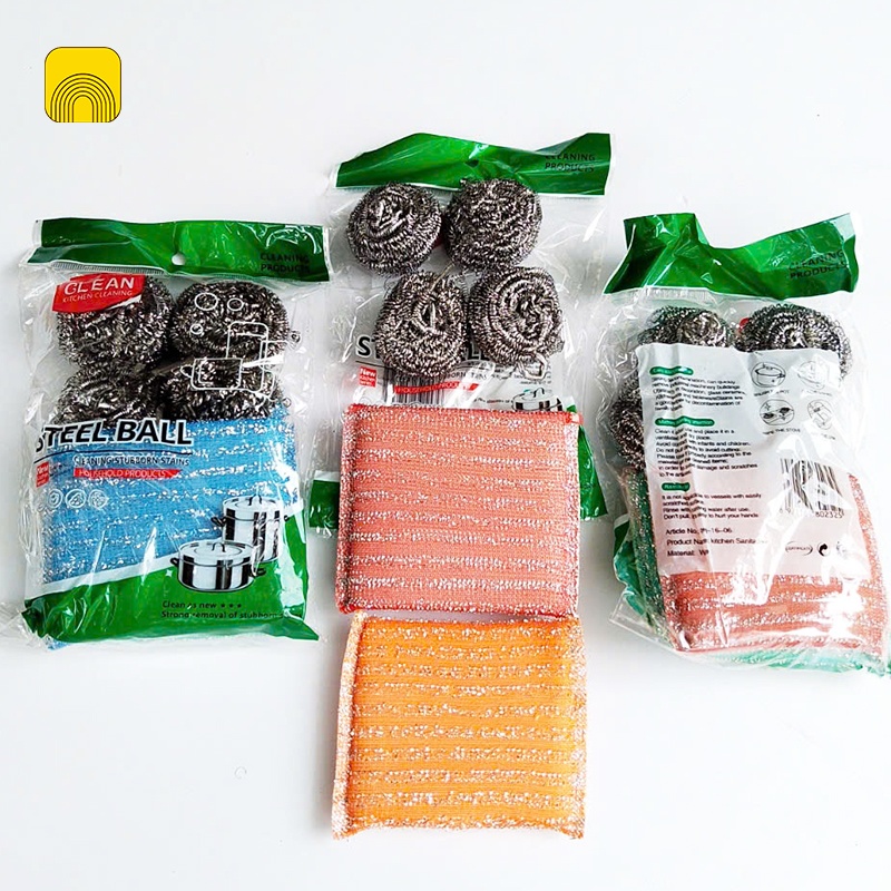 chà nồi Combo Miếng Chà Nồi + Lưới Inox Rửa Chén CLEAN – Bộ Dụng Cụ Cọ Rửa Đa Năng Cho Nhà Bếp