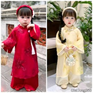 [Tặng Bờm]Áo Dài Tơ Thêu Hạc Vũ Quần Lụa Đỏ Đô Kèm Cài 4-15 Kg,Áo Dài Cho Bé Gái Mặc Lễ Tết Quanh Năm