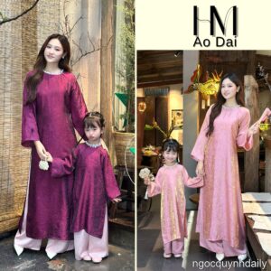 Áo dài Tết Tường Xuân cho mẹ và bé gái dáng suông cổ đính ngọc cao cấp mặc dịp lễ tết - Áo dài Hà Minh